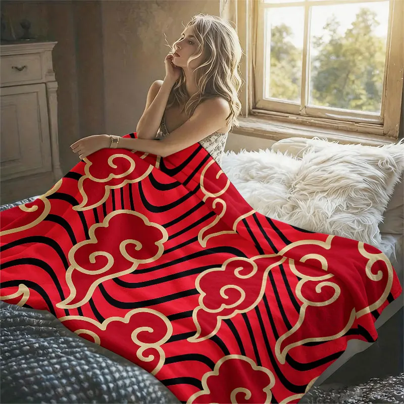 Red Chinese Clouds Flannel Blanket Warm Soft Halloween Christmas Decorative Couch Warm Cozy All-Season Gift