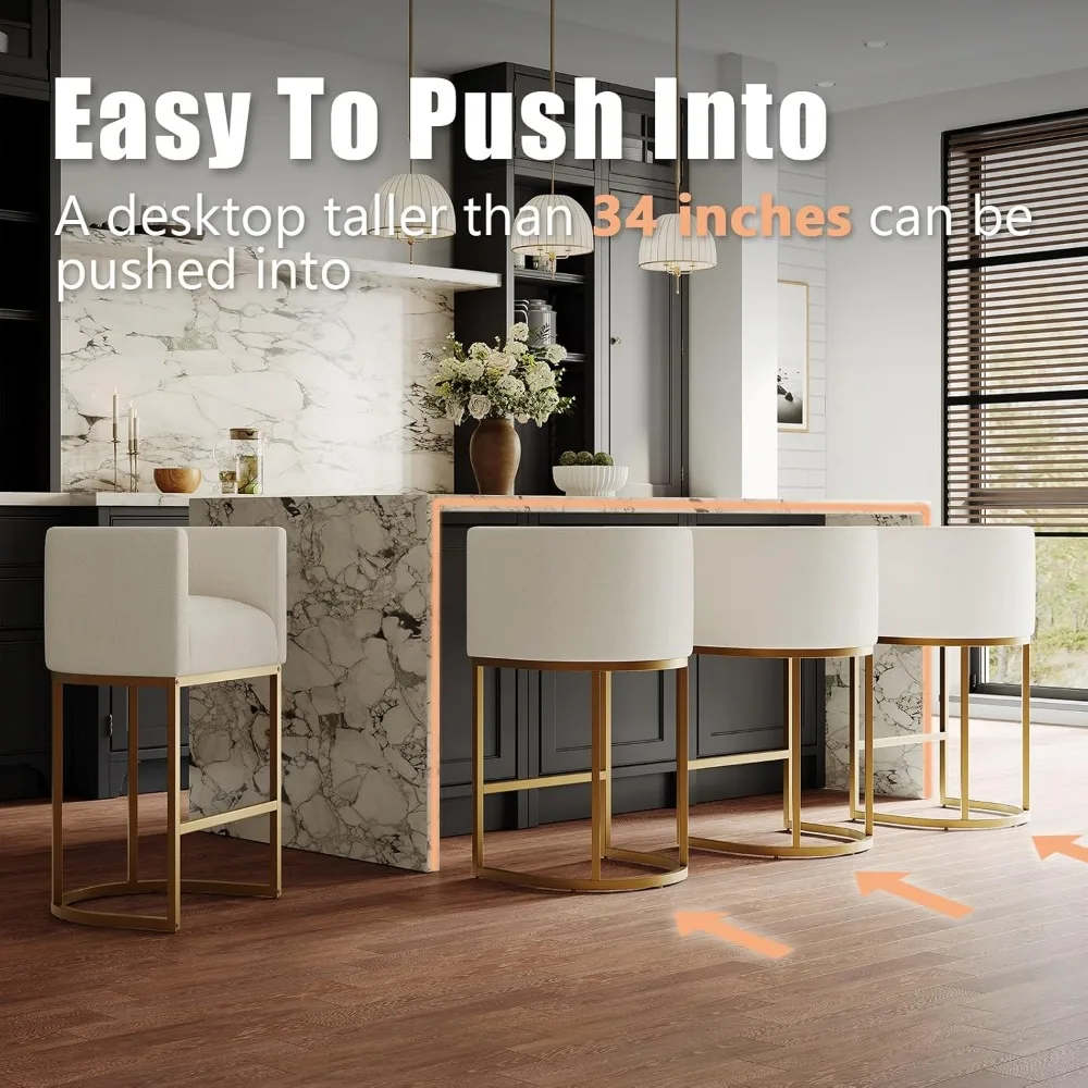 Elegant Linen-Covered Swivel Bar Stools, 26 High Kitchen Counter Stools with Metal Gold Frame