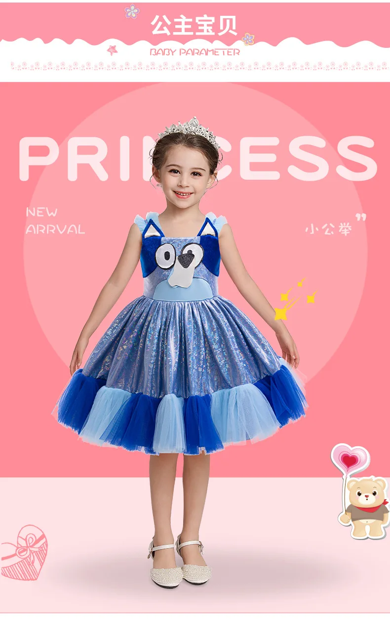 2024 Bluey party dress Animation Same Cosplay Costume Bluey Series Halloween Costumes Blue Dress Mesh Princess Birthday Dress