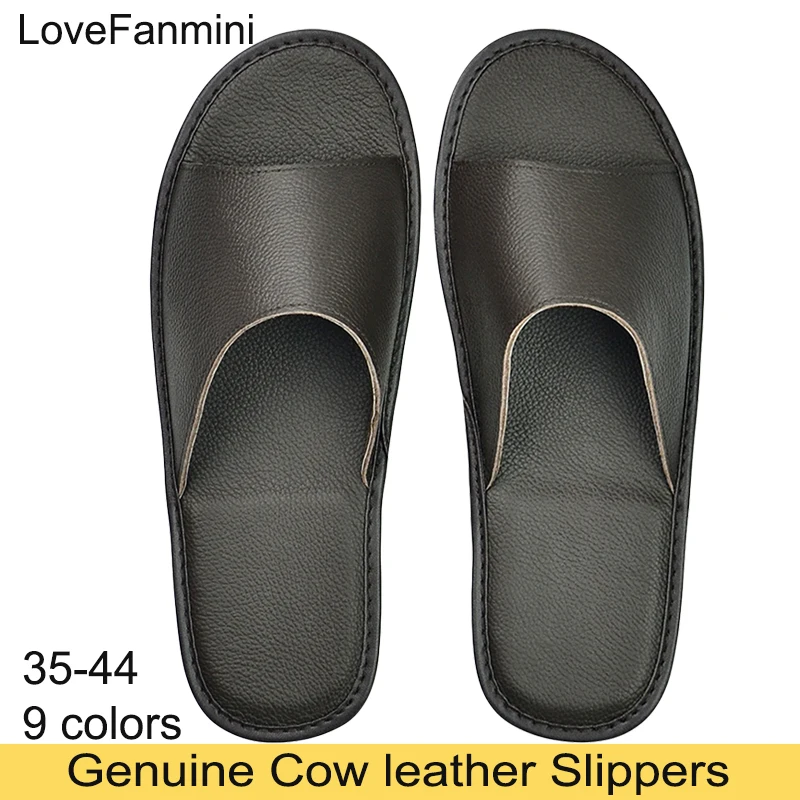 Genuine Cow Leather Slippers Homes in indoor slipper summer open toe sandals men women elderly casual single Slides shoes