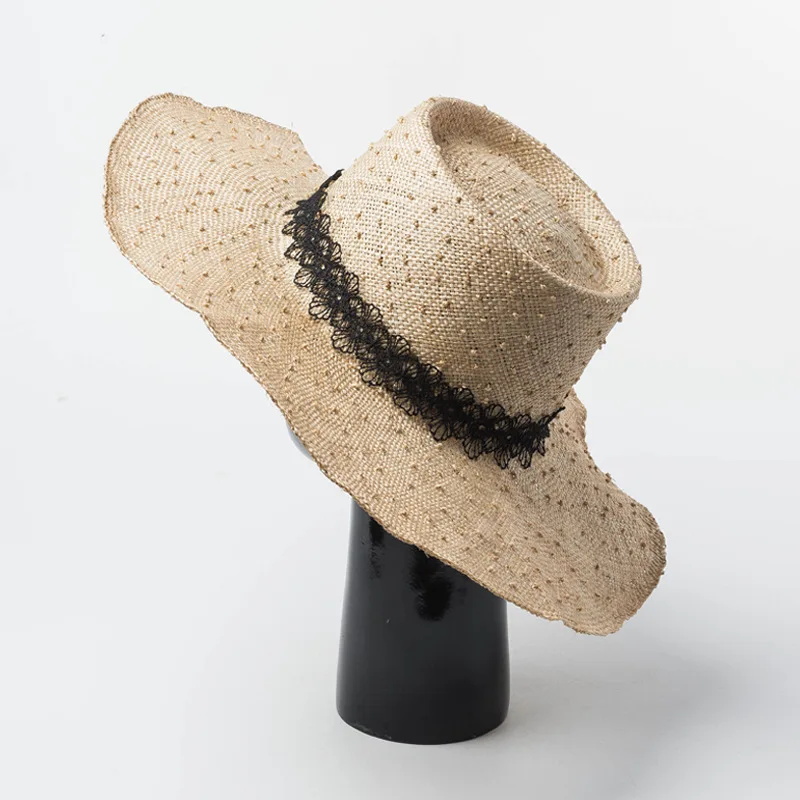 USPOP New Spring Summer Lace Band Handmade Polka Dot Woven Large Brim Sisal Straw Hat Outdoor Sun Protection Beach Hat