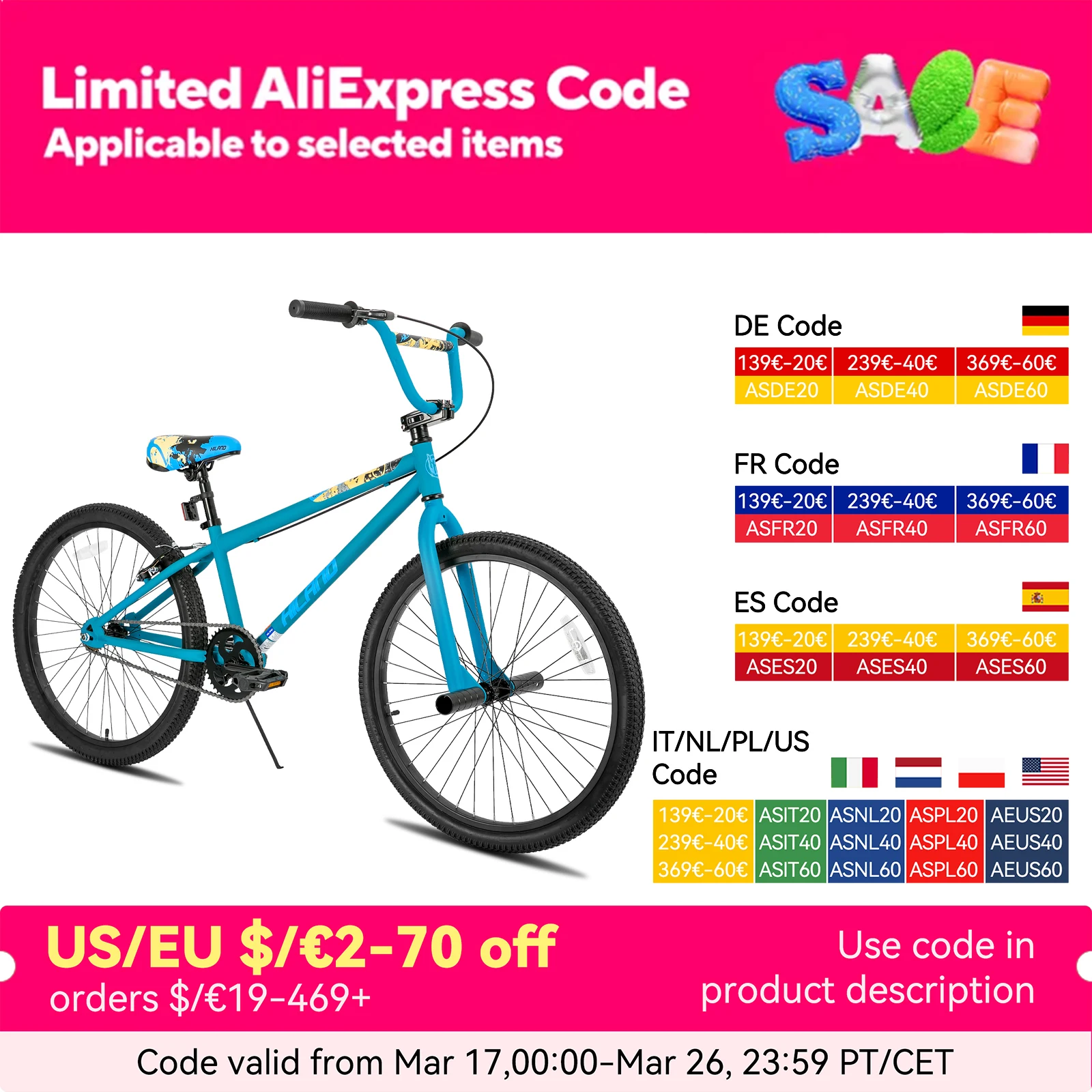 Hiland BMX Bike,24 26 inch,Beginner-Level to Advanced Riders with 2 Pegs,Kid’s Adults Bicycles, Multiple Colors