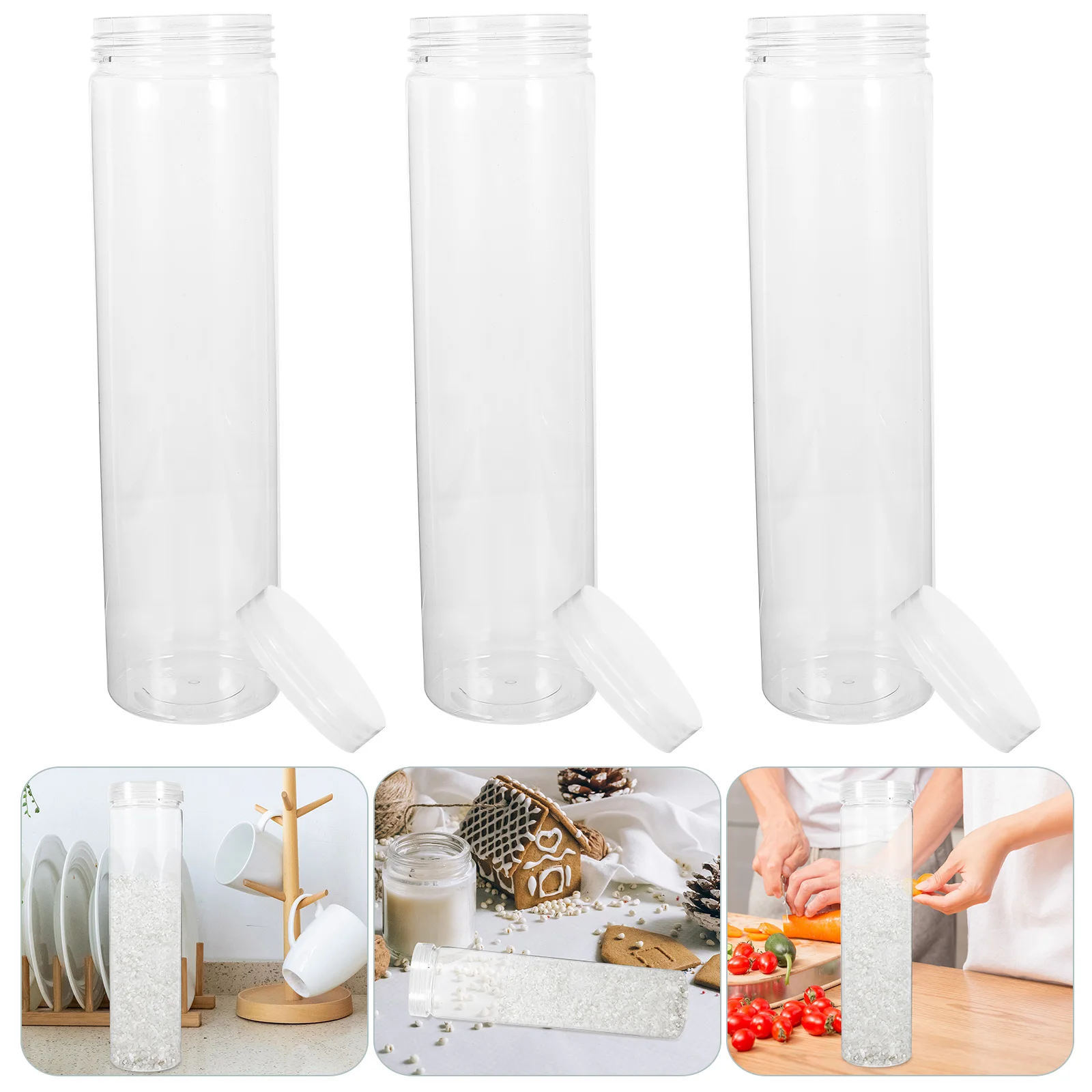 

3pcs 6 5x24 5cm Clear PET Round Storage Containers Lids Airtight Kitchen Canisters for Food Rice Sugar Grains Large Capacity