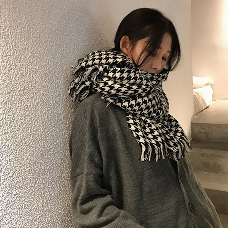 

Новый осенне-зимний решетчатый шарф «Тысяча птиц», женский корейский вариант, утолщенный, теплый и теплый, универсальный решетчатый вязаный шарф