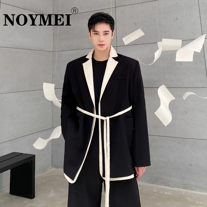 NOYMEI Autumn New Double Collar Design Drawstring Contrasting Colors Temperament Loose Fake Two Pieces Blazer Men's WA5863