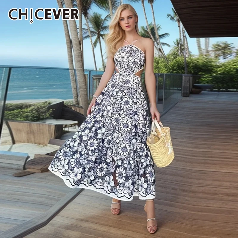 

CHICEVER Embroidery Hollow Out Dress For Women Halter Sleeveless Backless High Waist Spliced Lace Up Temperament Dresses Female