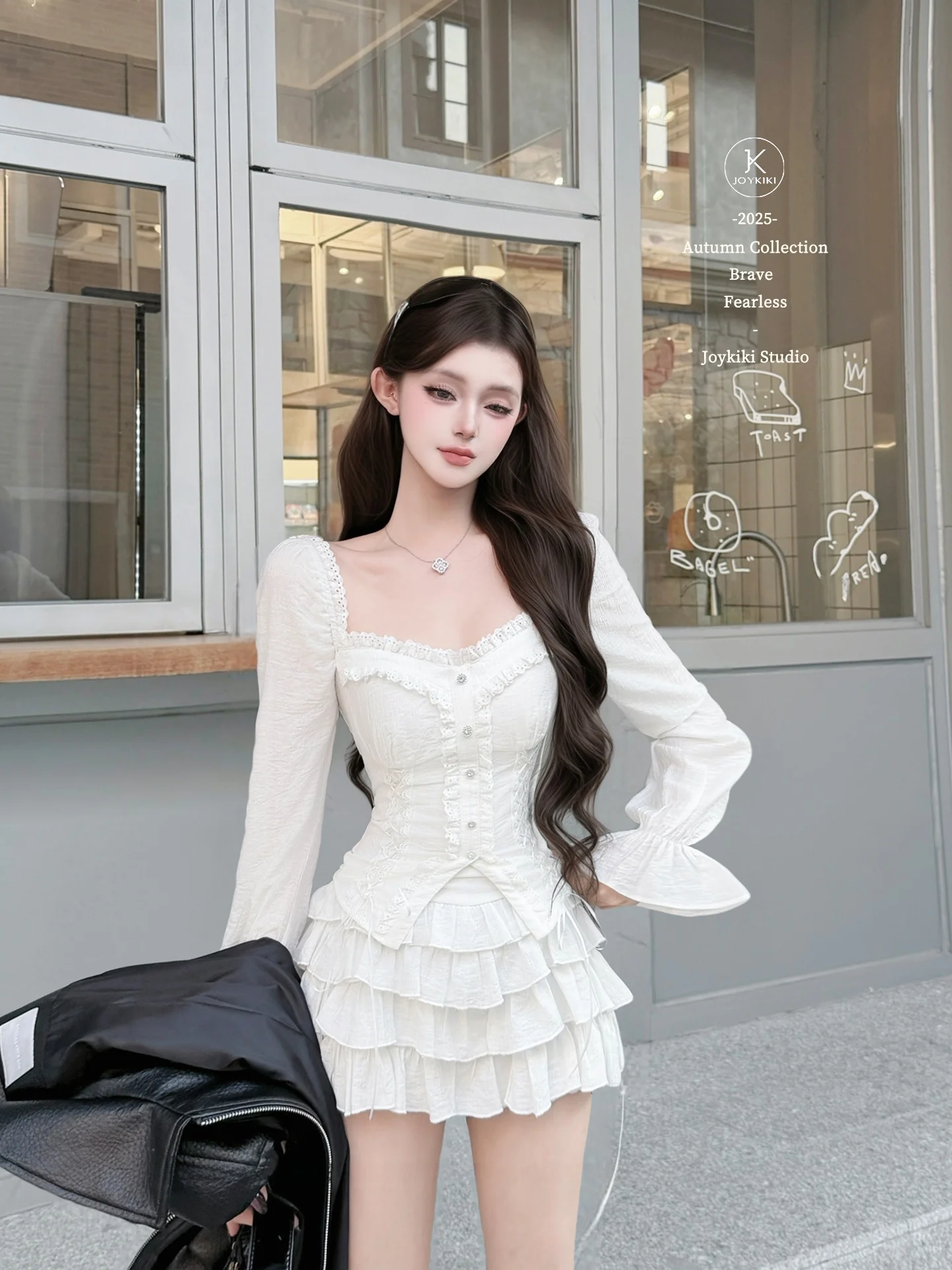 

Joykiki Ele Long Sve irt with Bule Design French Sle Slim Fit Women's Premium Quali Viscose And Nylon Blend