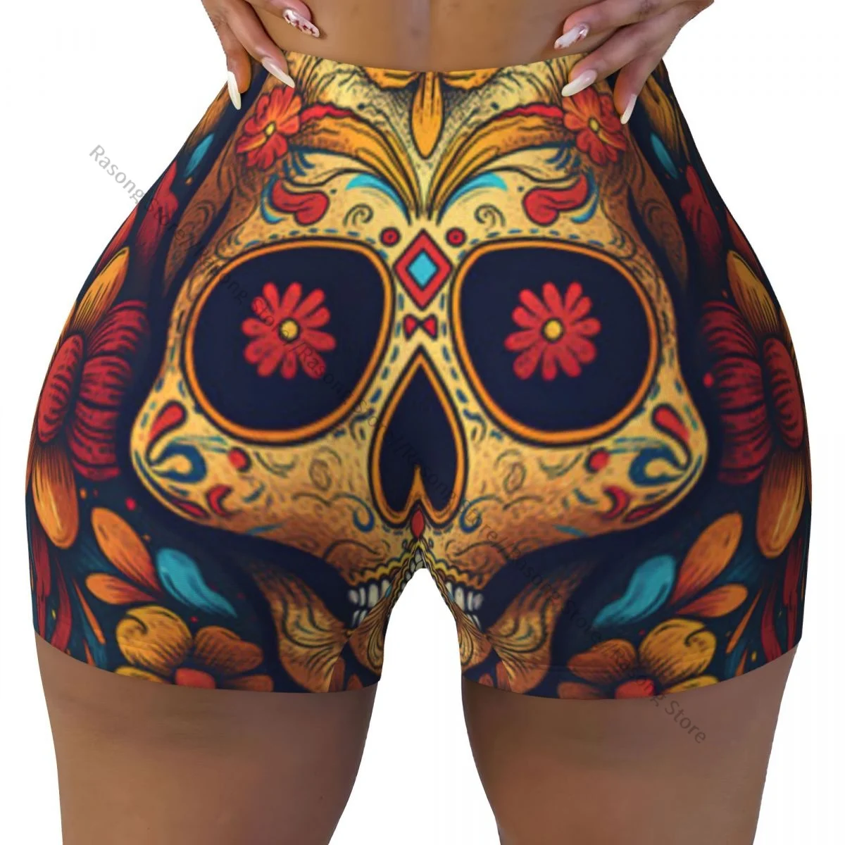 Women's Yoga Shorts Mexican Skull Calavera Illustration Scrunch Booty Butt Lifting Comfort Fitness Gym