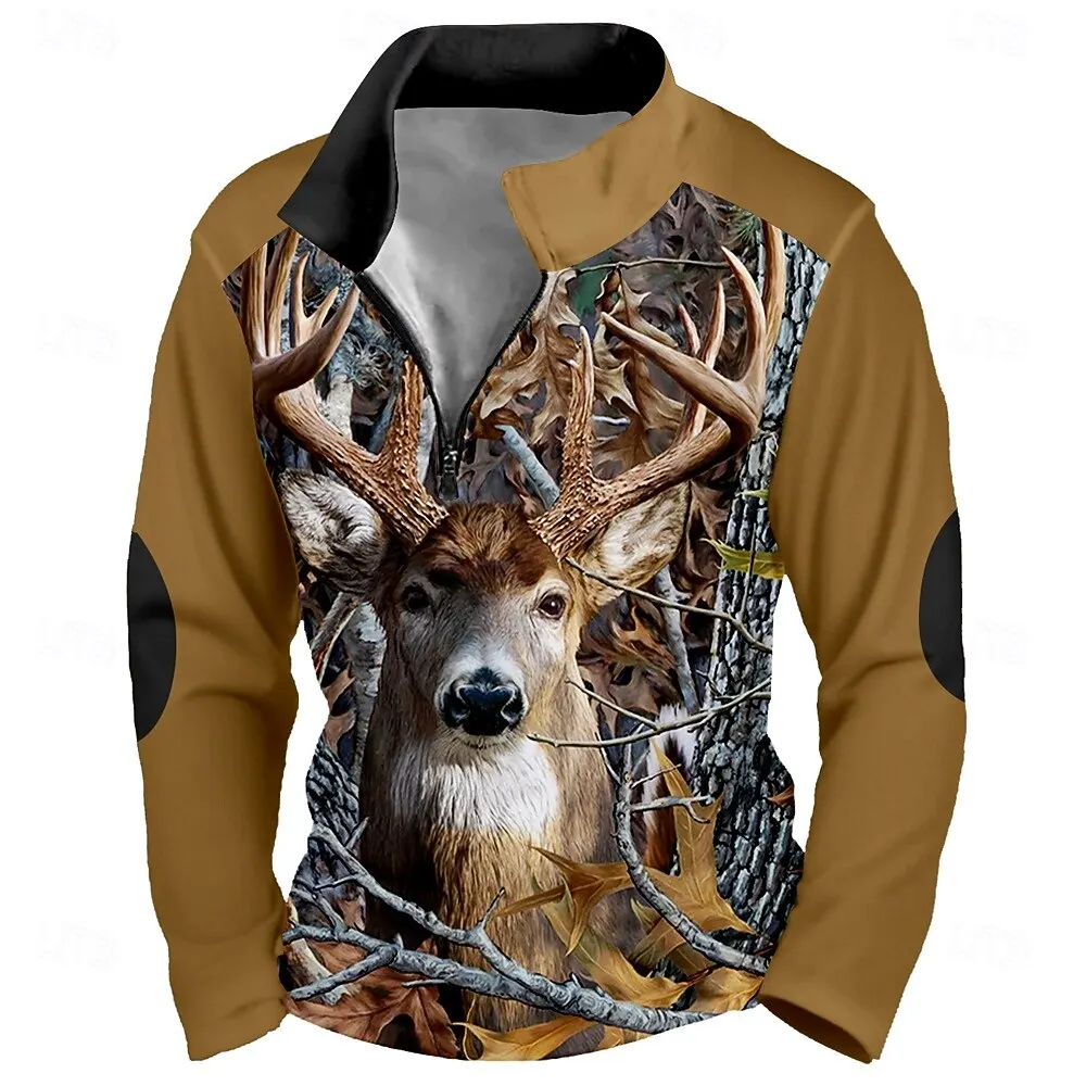 

Fashion Vintage Zipper Sweatshirt For Men 3D Printed Forest Elk Graphic Men's Long Sleeve Pullover Autumn Outdoor Casual Clothes