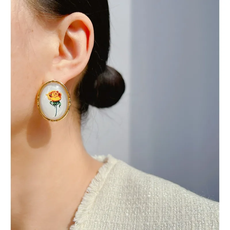 

Small Fresh Flower Stud Earrings Oval Earrings Gentle Oil Painting Yellow Rose Medieval Exaggerated Earrings for Women
