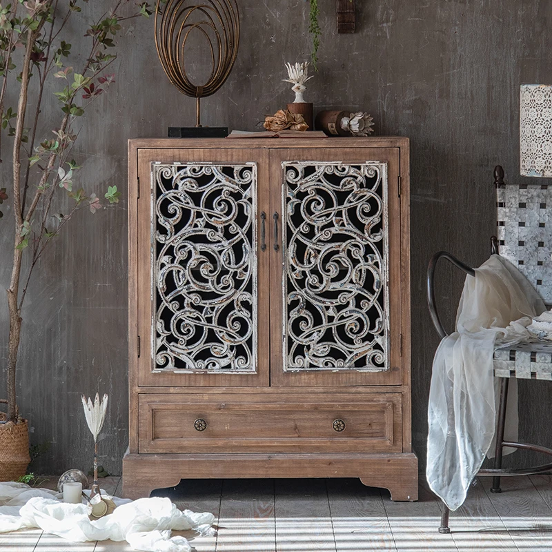 

American retro old solid wood carving flower ornament living room homestay decoration French entrance locker shoe cabinet