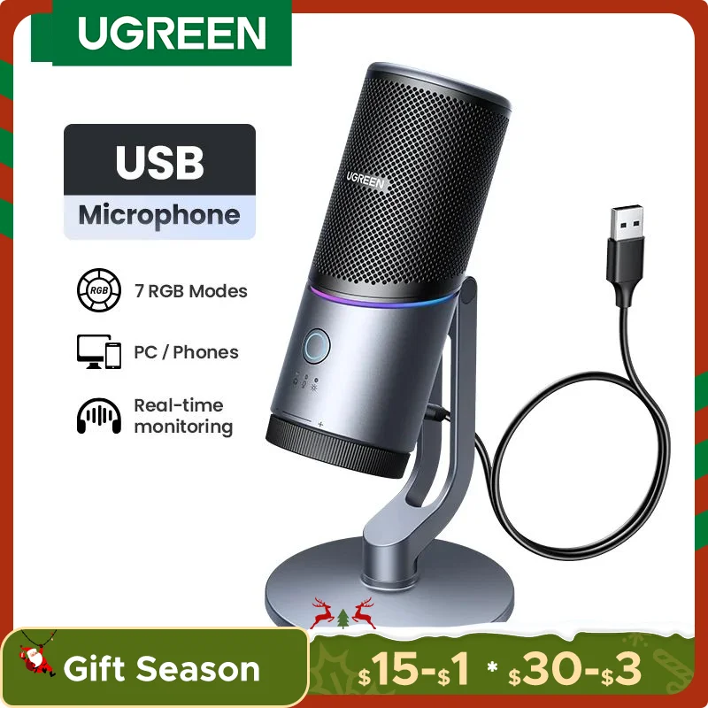 UGREEN USB Microphone with RGB Modes Professional Condenser Mic for PC Mac Gaming Karaoke Recording Streaming Podcasting