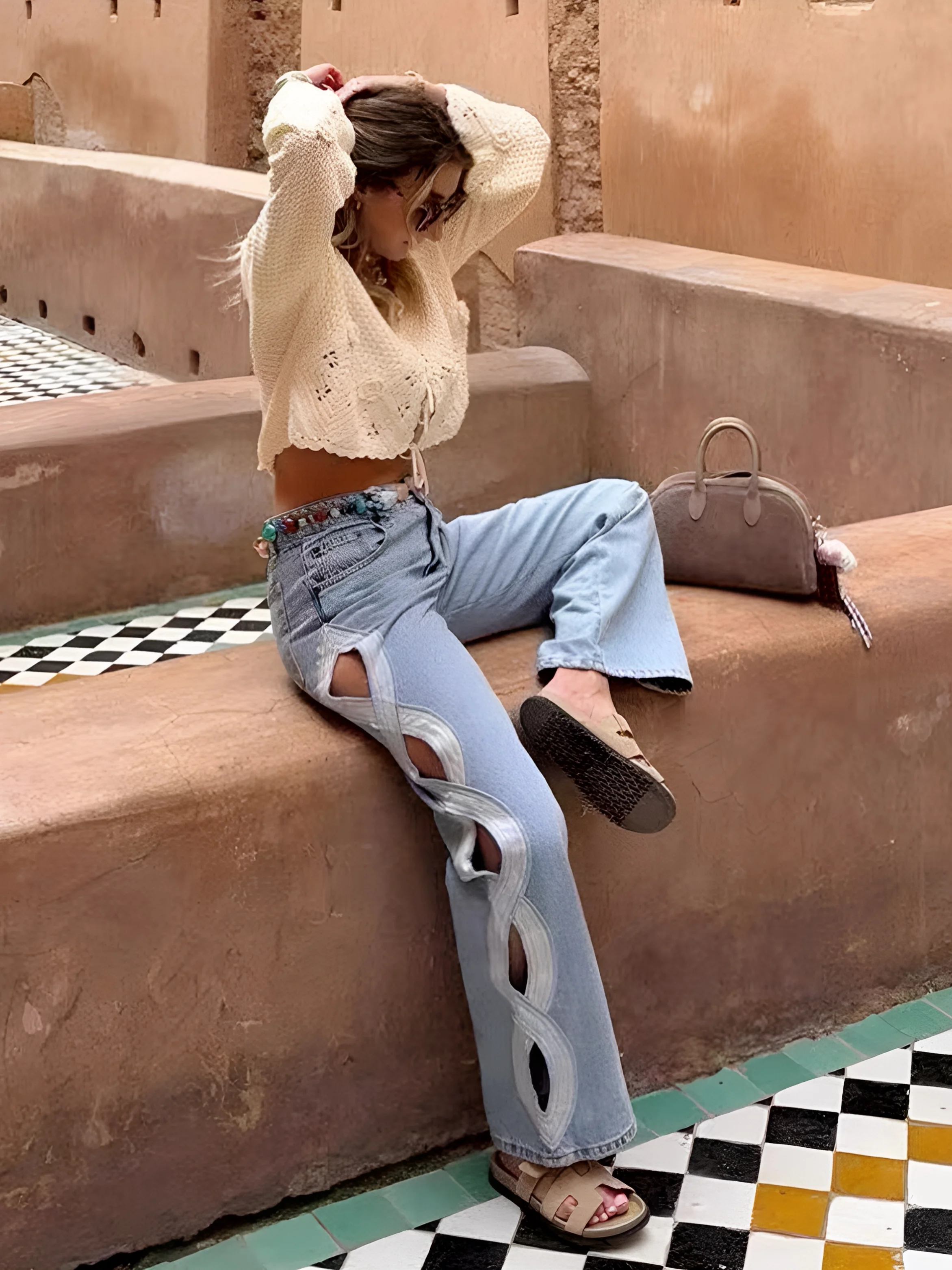 Lost Berlin Retro Fashion Casual High Waist Denim Straight Leg Pants Versatile Design Sense Side Hollow out Ladies Jeans