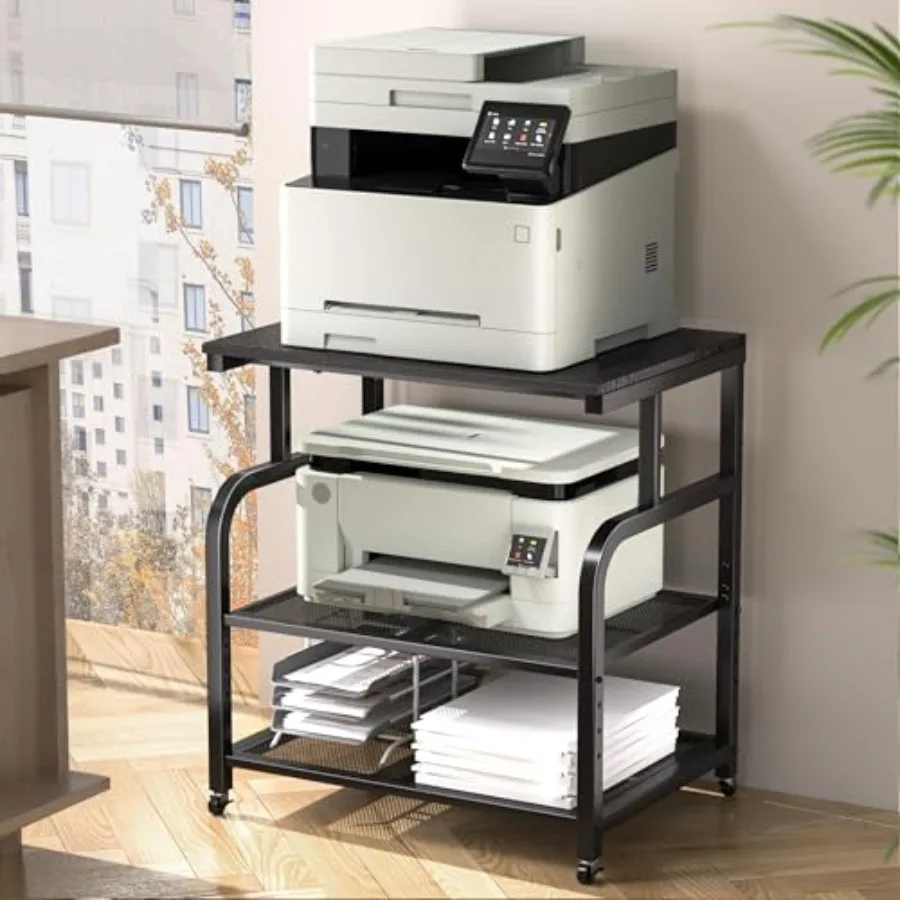 Mobile Printer Stand with Large Desktop - 3 Tier Shelf 24.4 Inch Height Wooden Organizer for HomeandOffice Black