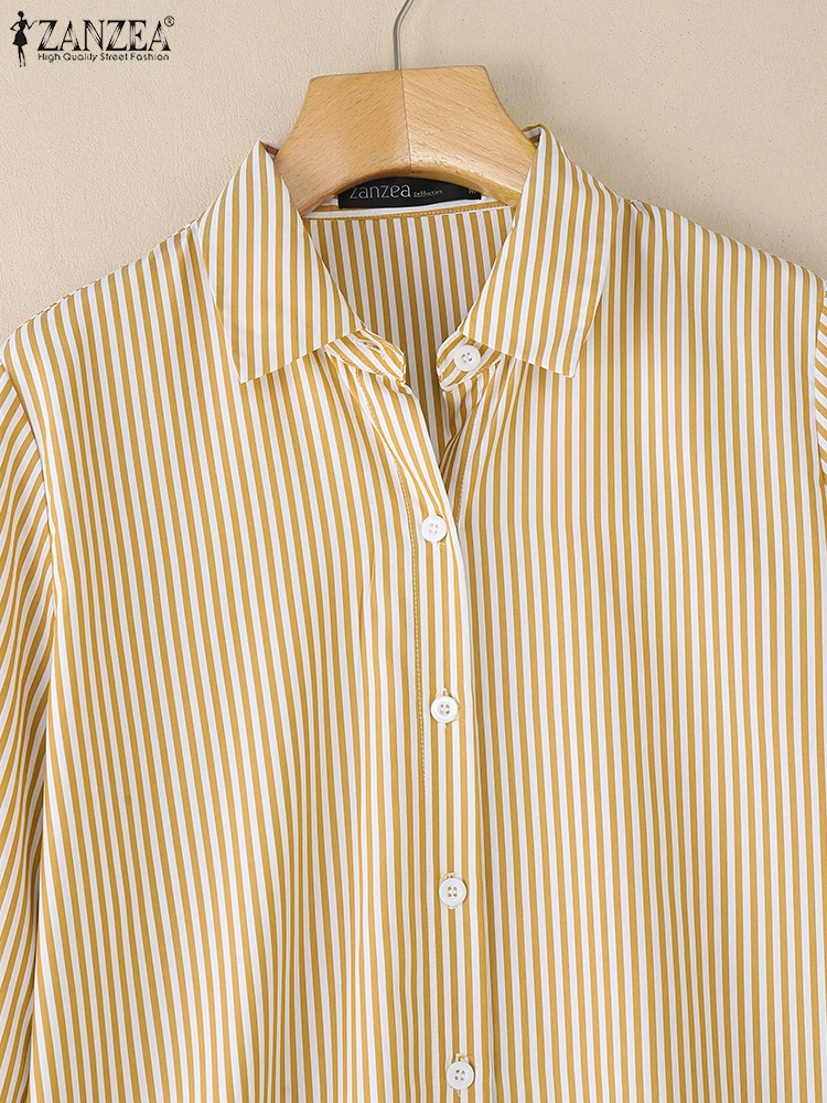 ZANZEA-camisas informales con cuello a rayas para mujer, Tops abotonados de manga larga para otoño, ropa de moda para ir al trabajo, S-3XL