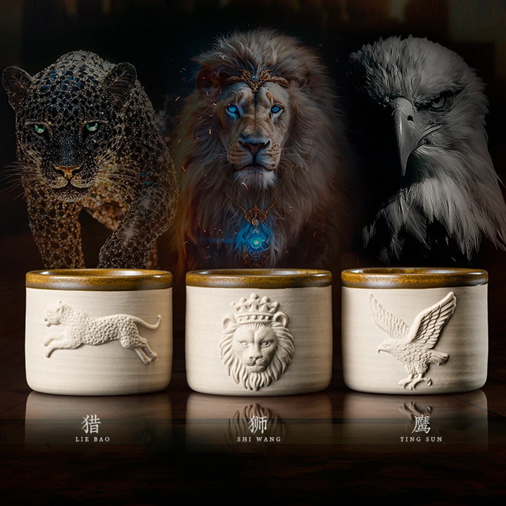 3D Animal Embossed Ceramic Coffee Cup, Leopard Lion Eagle Totem Retro Stoneware Mug, Men Drink Cup for Office Home Gift