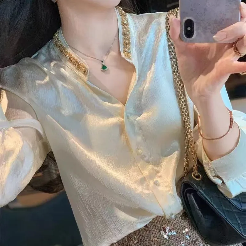 

Women Summer Fashion Diamonds Solid Color Polo Collar Long Sleeve Satin Shirts Ladies Simplicity Office Lady Temperament Tops