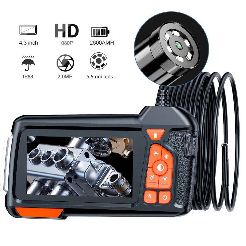 Cámara endoscópica LCD de 4,3 pulgadas con luz HD, 1080P, 5,5mm, IP67, impermeable, boroscopio, 6 luces LED ajustables para alcantarillado de coche