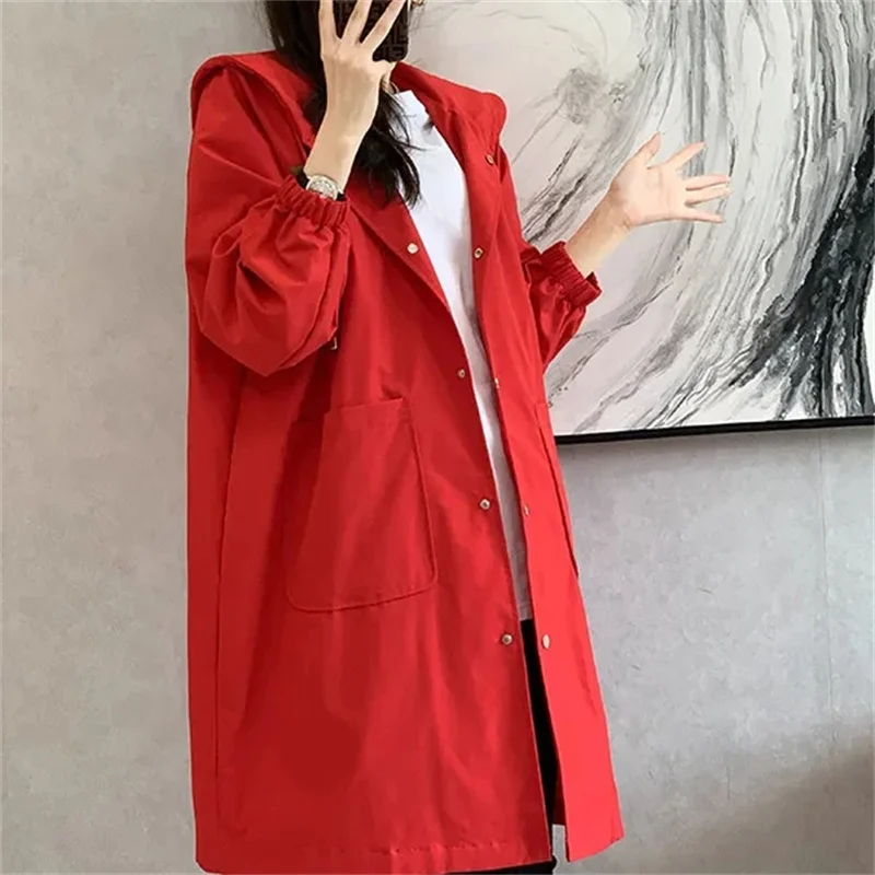 Trench coat longo feminino cor sólida elegante blusão solto confortável com capuz temperamento senhoras capa de chuva