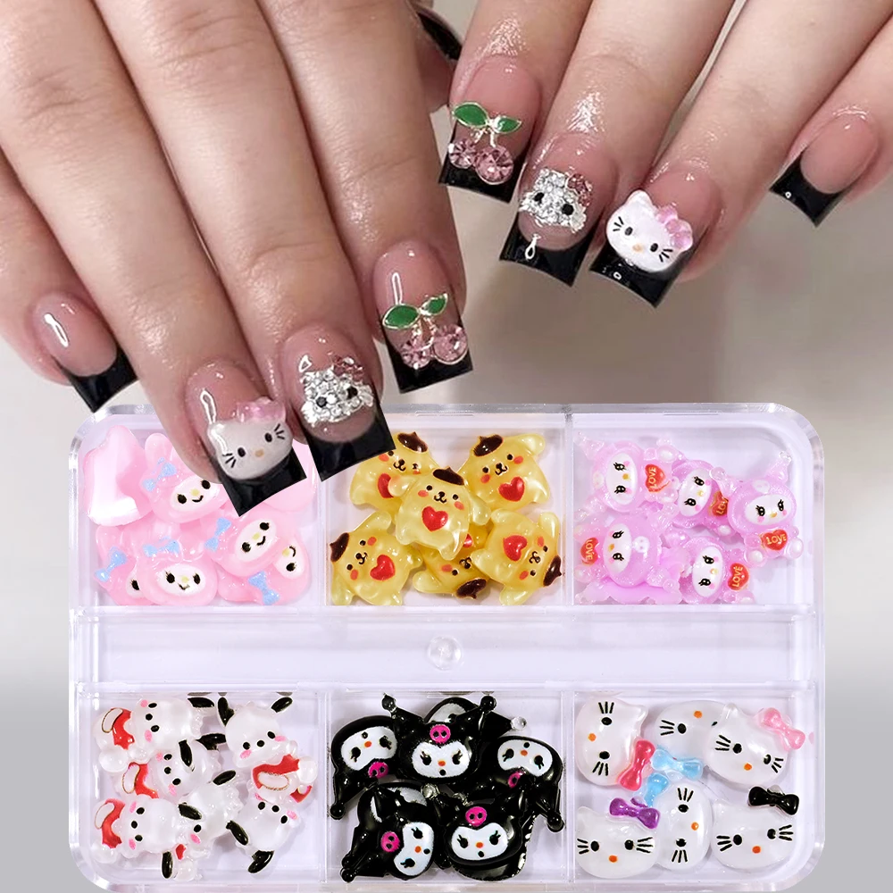 48Pcs/Box Sanrioed Melody Kuromi Cinnamoroll Nail Jewelry Charms Kit Kawaii Cartoon Kuromi Nail Rhinestone Gems Manicure Crafts