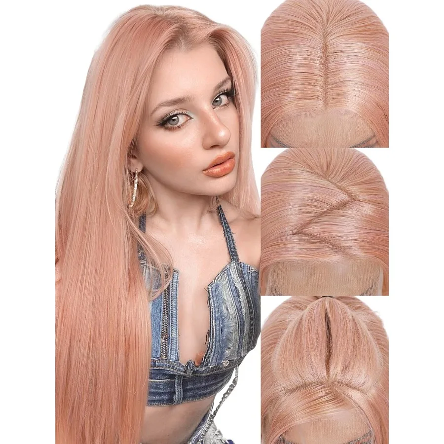 26 شعر مستعار طويل مستقيم وردي مع دانتيل أمامي شفاف عالي الدقة 13 × 4 للنساء باروكات صناعية بدون صمغ للاستخدام اليومي والحفلات بشكل طبيعي