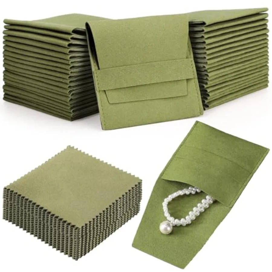 

120 шт. мешочков из микрофибры для ювелирных изделий 8x8 см, подарочные пакеты класса люкс с фиксирующим ремешком, в форме конверта, с салфеткой для чистки, зеленые