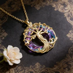 Tree of Life Necklace with Circle Crystal Exquisite Family Tree Pendant Design Jewelry Gift for Women Mom Daughter
