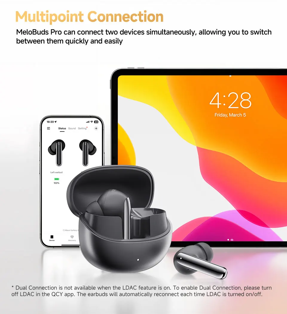 QCY MeloBuds Pro ANC Kabellose Kopfhörer 46 dB aktive Geräuschunterdrückung Ohrhörer Bluetooth 5.3 Hi-Res Audio mit LDAC-Kopfhörern – Detail 12