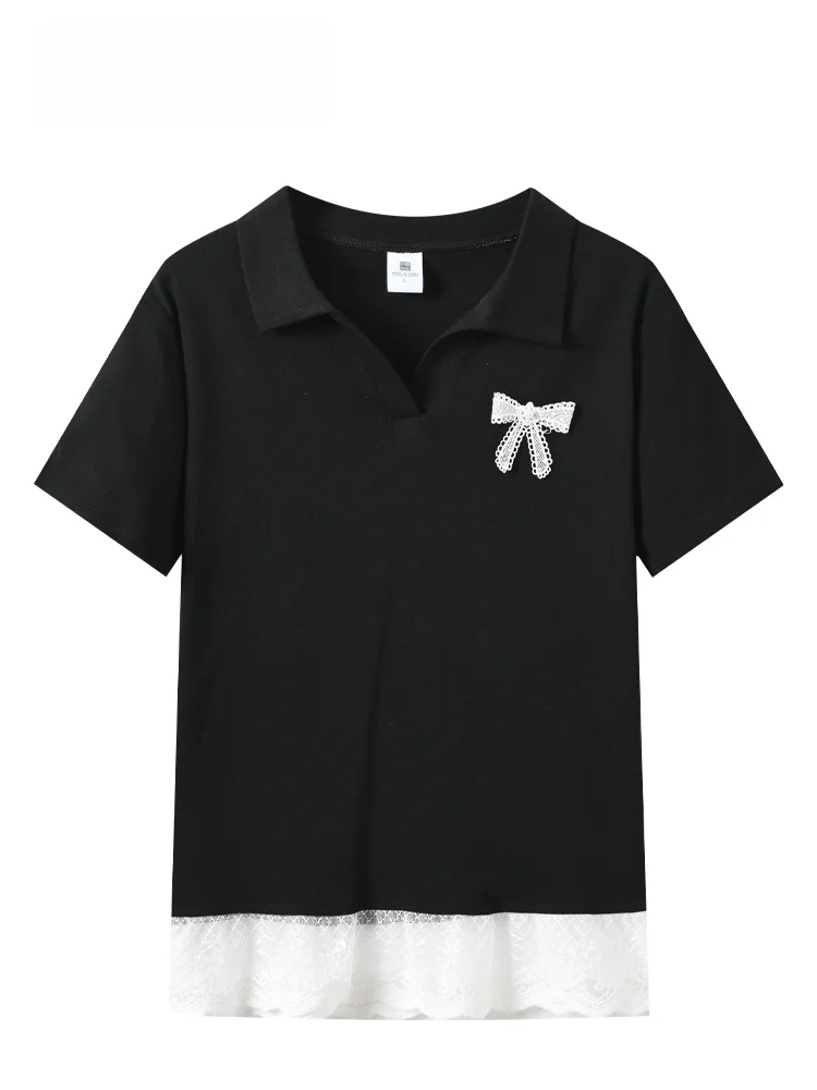 

Korean Style Large Size Women's T-shirt Short Sleeve Lace Collar Splice Summer Fashionable Cotton Mid-Length Top