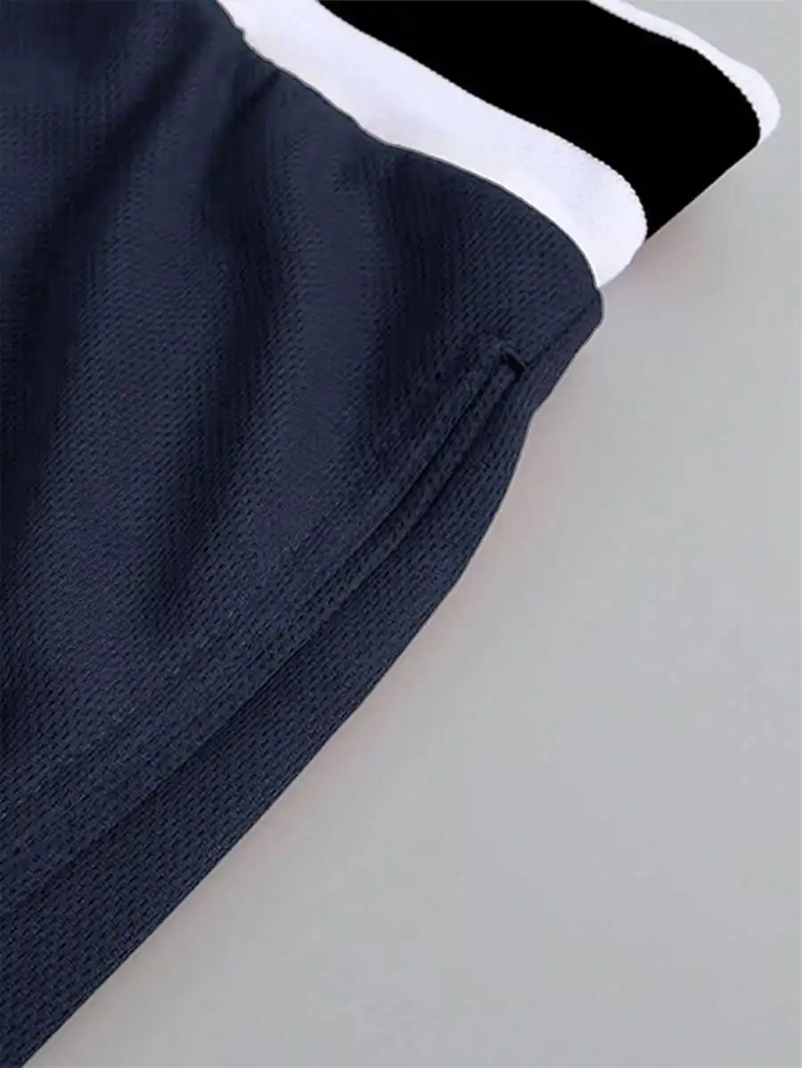 

Blue Mens Breathable Mesh Shorts With White Black Trim, Casual Drawstring Waist Summer Wear