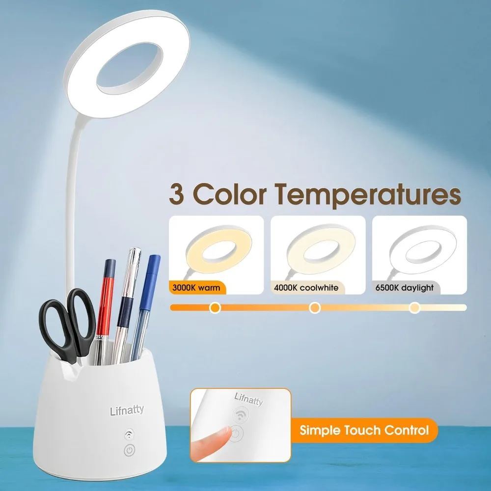 Desk Lamp, Led Desk Light, Dimmable Small Table Lamp for Home Office, Wireless, Remote Control, 3 Modes, Gooseneck, Rechargeable