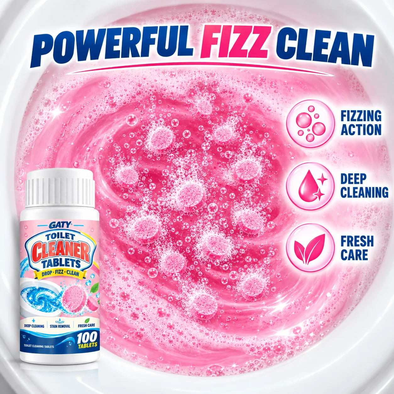 Toilet Bowl Cleaner Effervescent Tablets — Instant; Dissolves Urine Stains & Scale; Whitens & Deodorizes; for Bowl, Rim & Drain.
