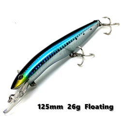 Floating Big Minnow Hard Bait, Jerkbait Rattle, Deep Sea Boat, Rock Lure, 4X Treble Hooks, Japan Quality, 125mm, 26g, 1Pc