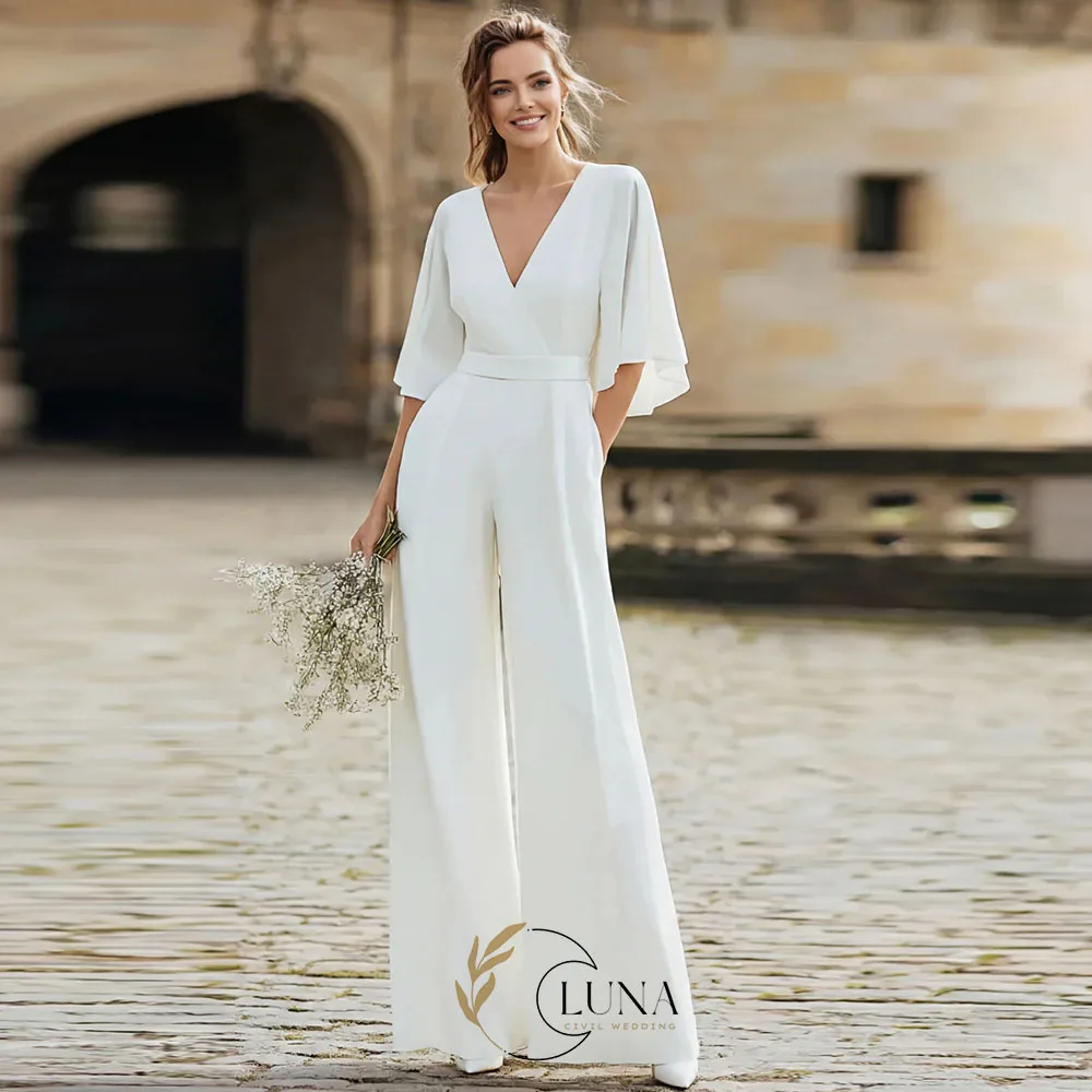 Luna Customized V-Neck Half Sleeves Long Wedding Jumpsuits with Pockets Simple Elegant Bridal Wedding Party vestido de noiva