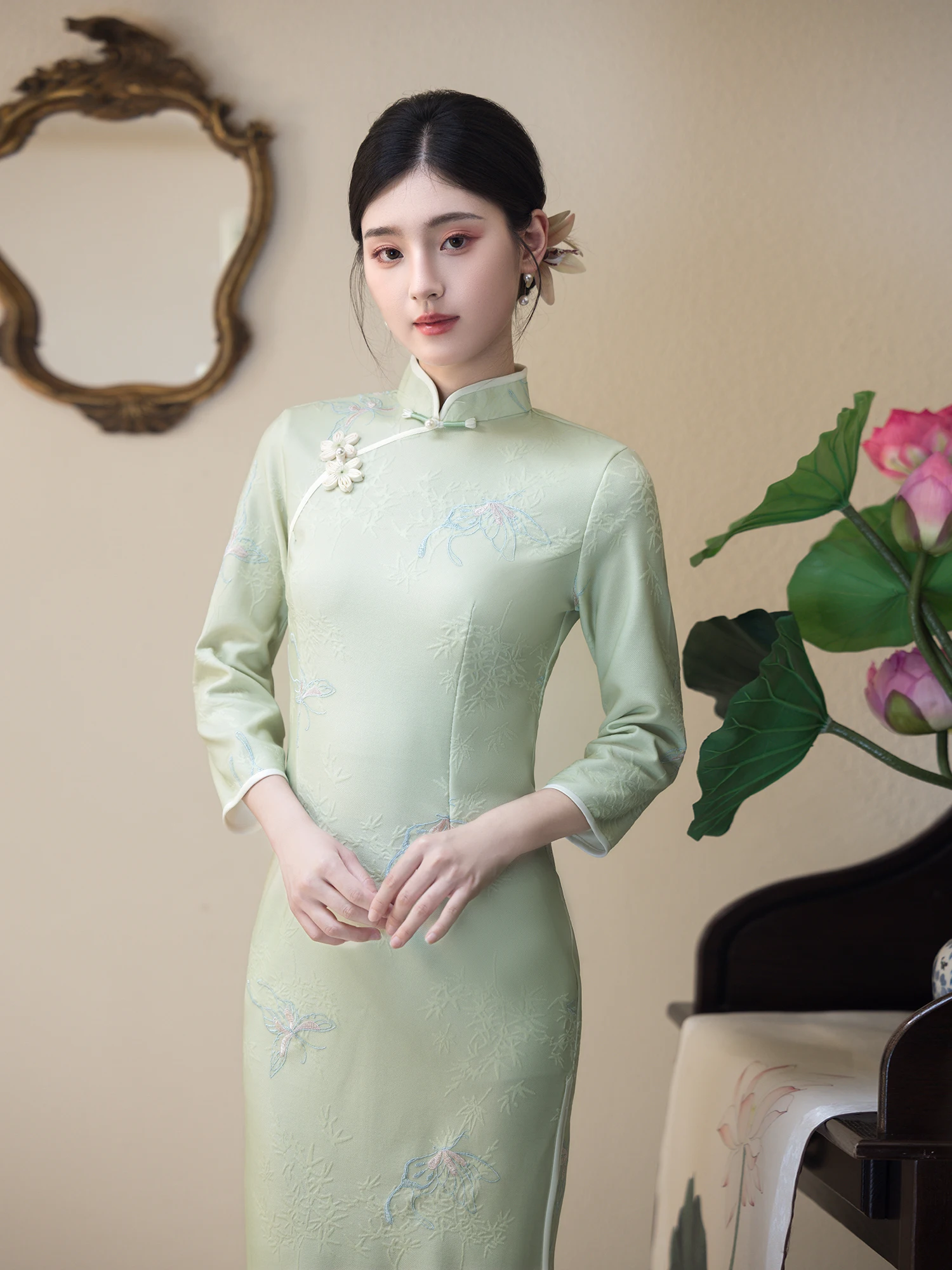 

Платье для молодой девушки с длинными рукавами, принтом в китайском стиле, винтажным дизайном, из смесового полиэстера, удобного кроя.