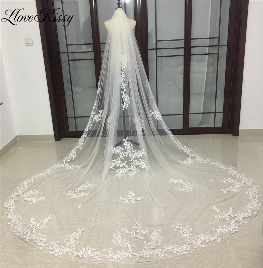 Wedding Veil Long Lace Appliques Floral Bride Veil  300/350cm Cathedral Length Bride Accessories velos de novia