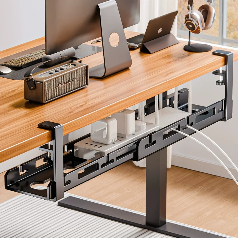 Under Desk Cord Management Tray, No Drill Cable Hider for Gaming Desk, Height Adjustable Wire Organizer Box, Computer Rack