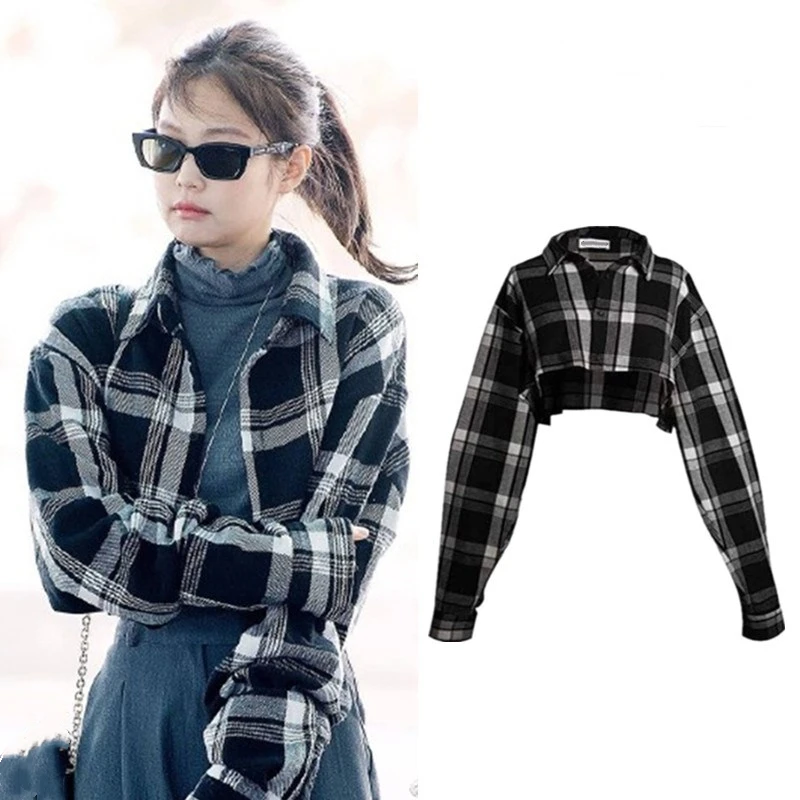 kpop Korean Celebrity fashion retro plaid lapel short shirt +gray Turtleneck long sleeved t shirt loose pants trousers women set