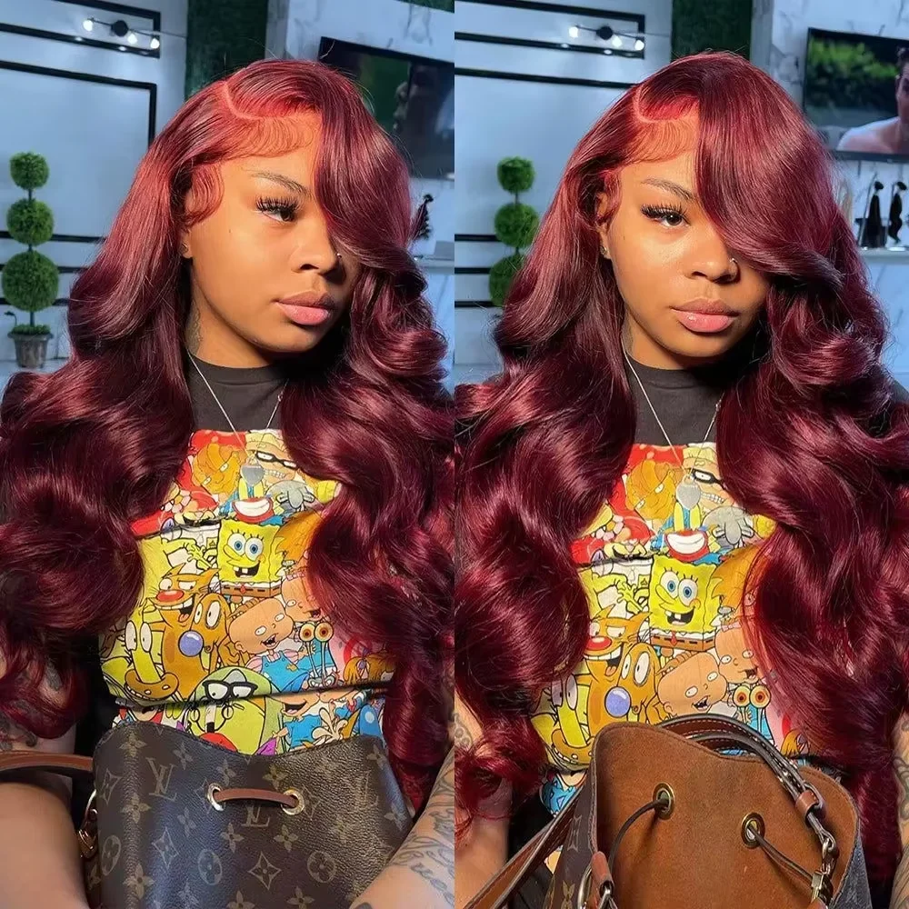 

200% Colored 99j Wine Red Human Hair Wig Brazilian 40 Inch Burgundy 13x6 HD Lace Frontal Wig Body Wave 100% Remy Human Hair Wigs