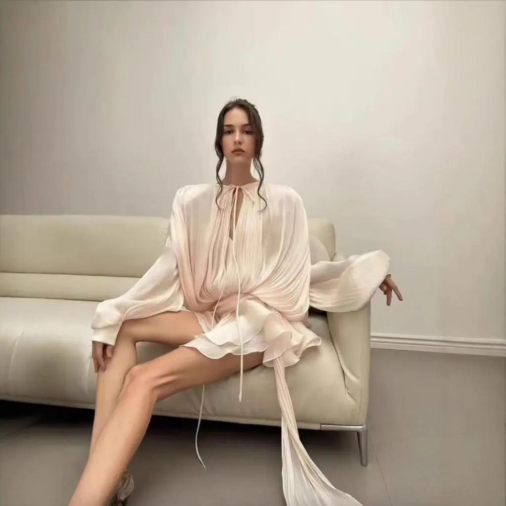 

French European American Bubble Sleeve Ruffled Skirt Two-Piece Set New Pleated Design Short Dress