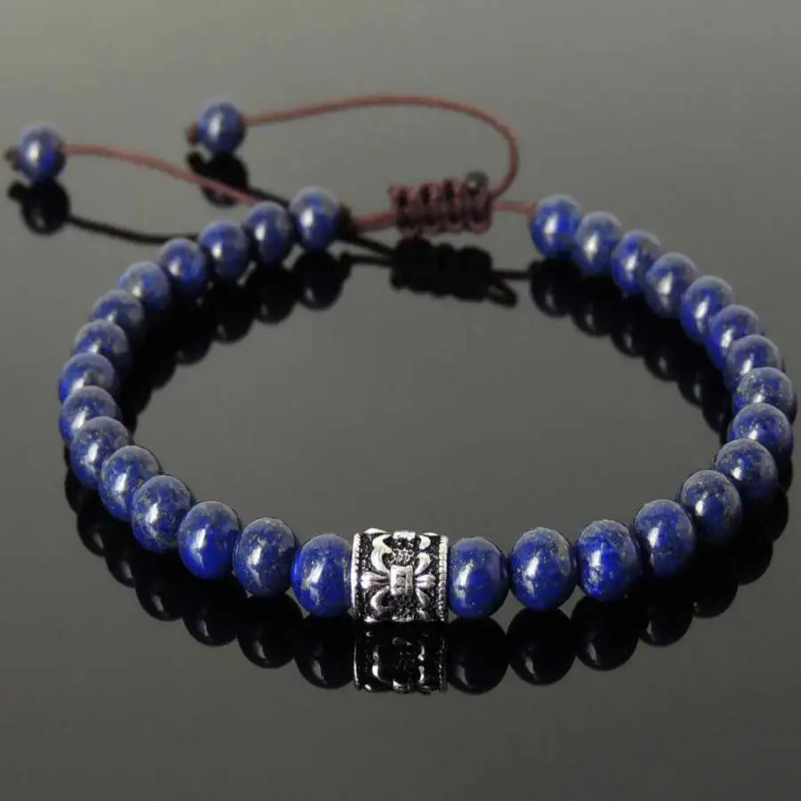 

Natural Lapis Lazuli Beaded Bracelet with Tibetan Silver Accent Adjustable Red Cord Spiritual Jewelry