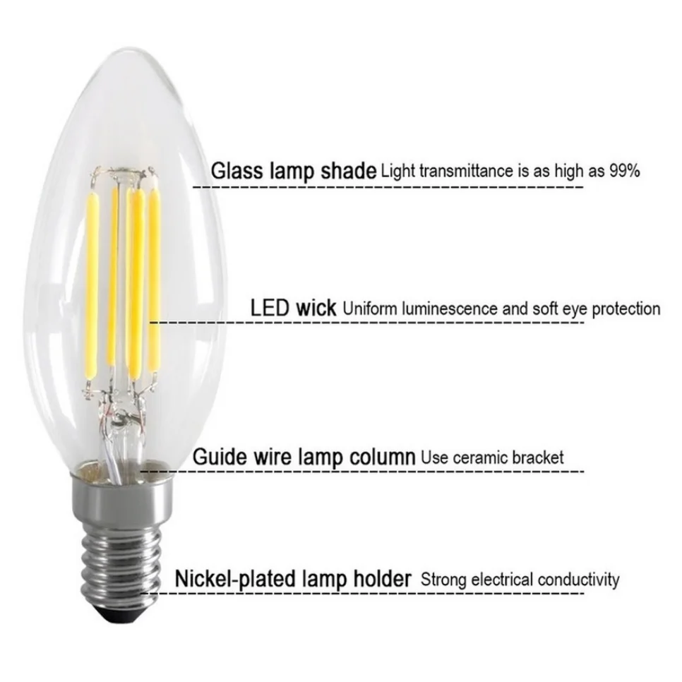 Ampoule LED Edison E14 à Filament C35 de Style Rétro, Antique, Vintage, Blanc Froid et Blanc Chaud, 2W, 4W, 6W, AC 220/240V