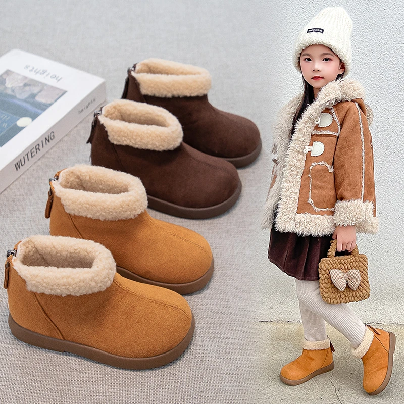 

Детские зимние ботинки, зимняя теплая обувь на толстом меху, детские зимние ботильоны для мальчиков и девочек, уличные нескользящие ботинки из искусственной замши