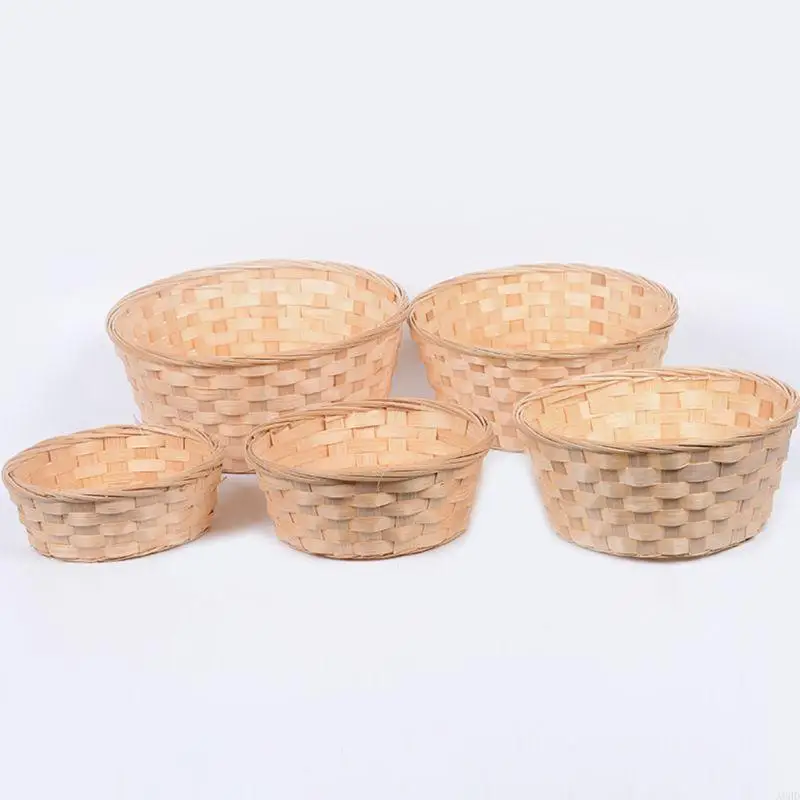 A6HD Practical Round Wicker Basket Hampers Woven Bamboo Fruit Bread Basket