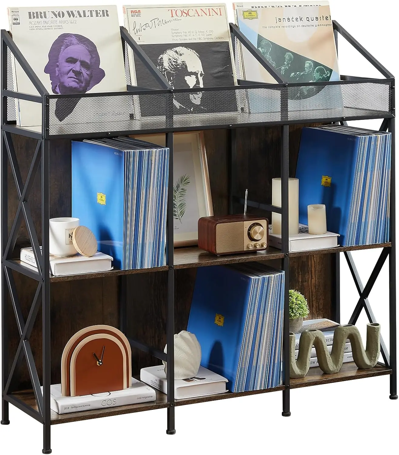 

9 Grid Vinyl Record Storage Holder Rack, Wooden Record Display Table for Magazines Files Albums Books, Large Capacity 350-400