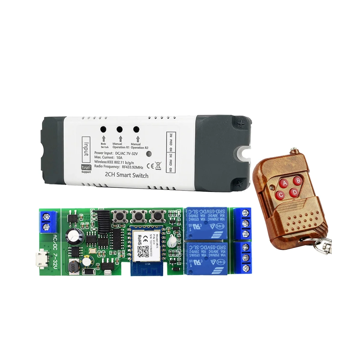 

Tuya Smart WiFi Switch Relay Module+With RF Remote 2 CH AC/DC 7-32V RF/APP Remote Control Smart Home for Alexa