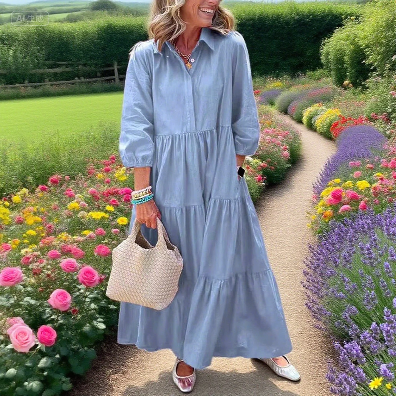 Vestido blusa feminina 2025 outono novo 3/4 manga maxi vestido botão até lapela vestido de balanço a linha babados em camadas praia vestido de verão