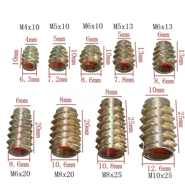 With flange 10PCS M4 M5 M6 M8 M10 Hex Drive Screw In Threaded Type E Insert Nut Screws Assortment For Wood 9-SIZE with flange