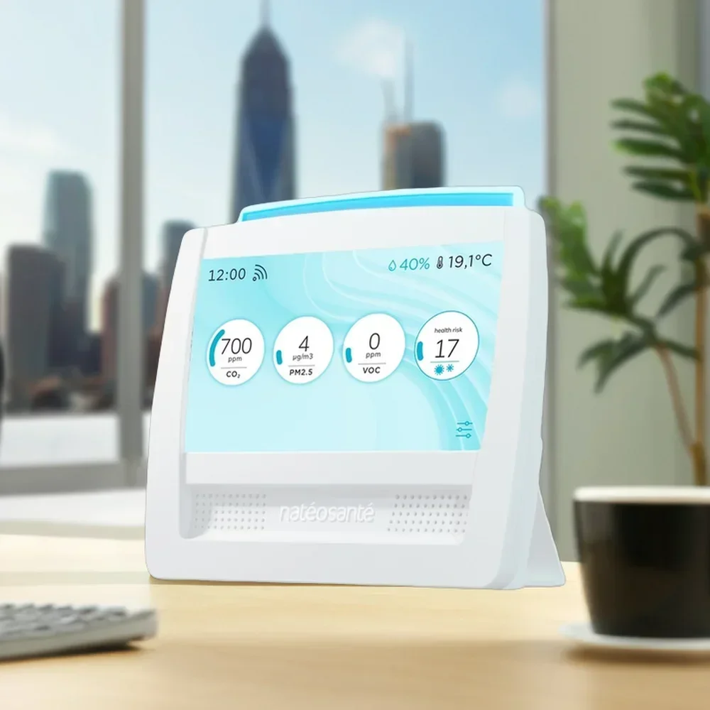 2025Air Coach Pro كاشف IAQ داخلي NDIR CO2 الاستشعار PM1 PM2.5 PM10 المركبات العضوية المتطايرة درجة الحرارة الرطوبة واي فاي تنبيه مخاطر الصحة صنع فرنسا