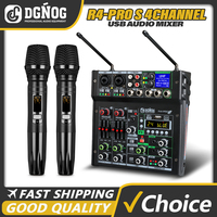 Audio Mixer 4 Channel Karaoke Mixer with Dual UHF Wireless Microphone DJ Mixer USB Bluetooth for Party Computer Studio Recording